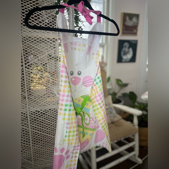 Handmade Cotton Colorful Easter Bunny Apron Springtime Cottagecore Pink Yellow - Picture 2 of 7